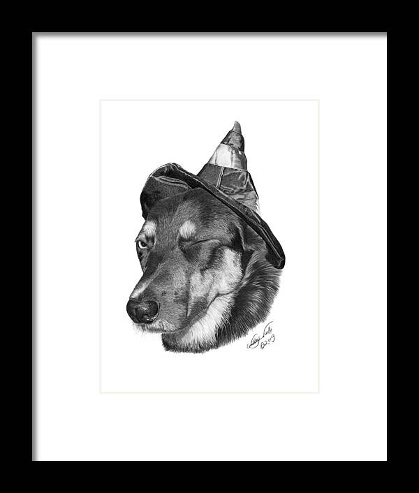 German Shepherd Framed Print featuring the drawing Marlee in Witch's Hat -021 by Abbey Noelle