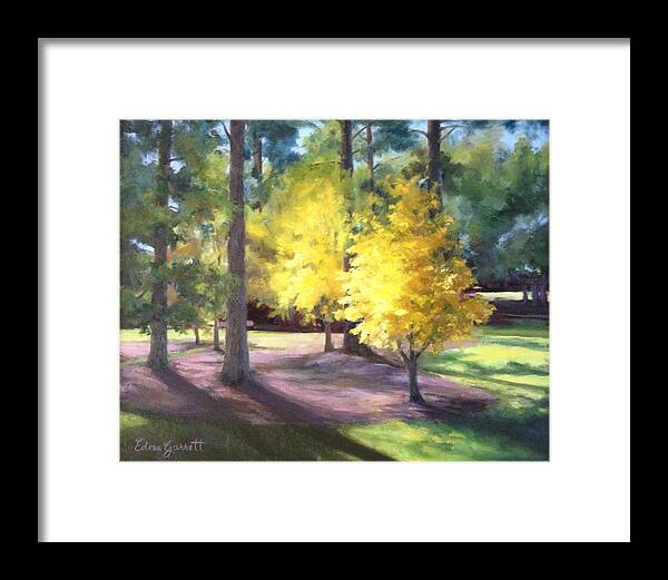 Landscape Framed Print featuring the painting Marshallville Landscape with Yellow trees by Edna Garrett