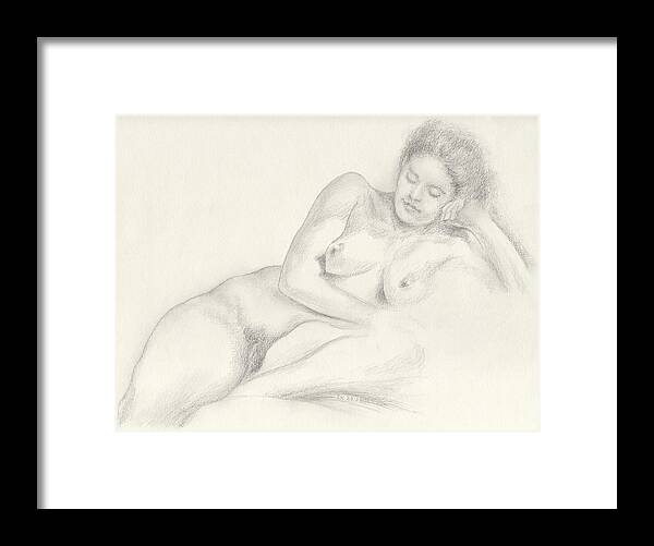 Female Nude Framed Print featuring the drawing Martina Lounging on Her Left Side Her Head Propped Upon Her Left Hand by Scott Kirkman