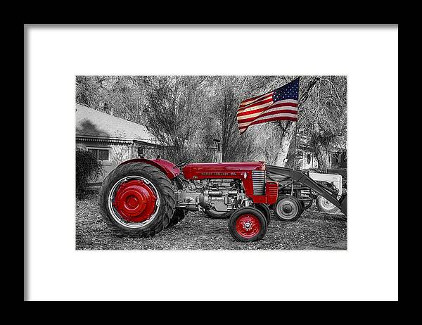 Tractor Framed Print featuring the photograph Massey - Feaguson 65 Tractor with USA Flag BWSC by James BO Insogna