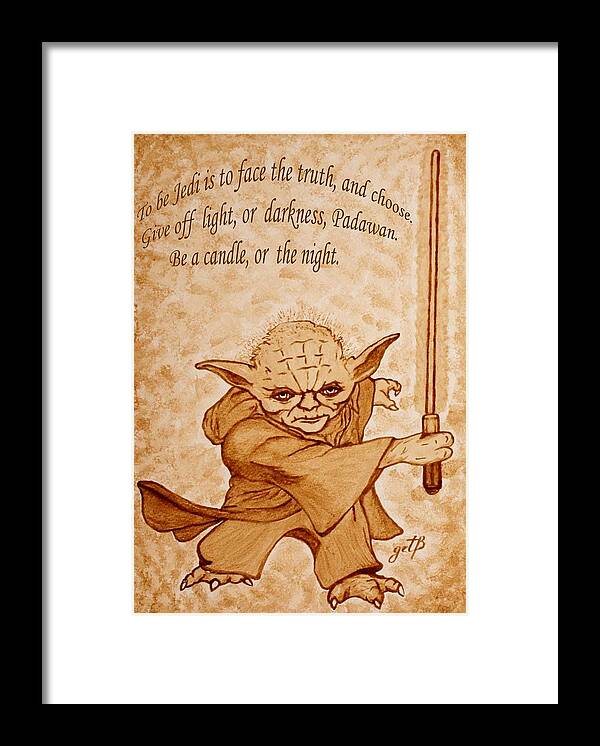 Master Yoda Sayings Framed Print featuring the painting Master Yoda Wisdom by Georgeta Blanaru