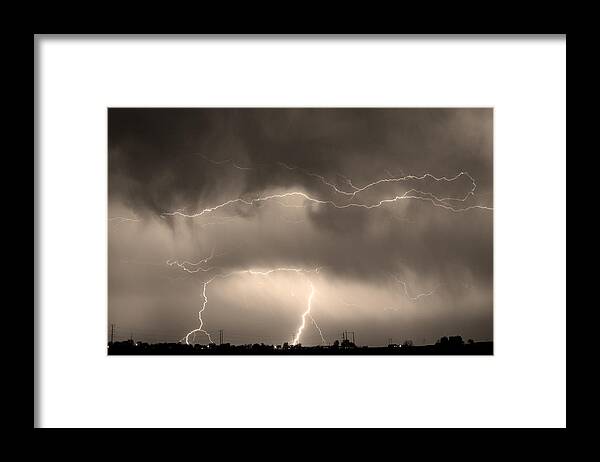  lightning Bolt Pictures Framed Print featuring the photograph May Showers - Lightning Thunderstorm Sepia 5-10-2011 by James BO Insogna