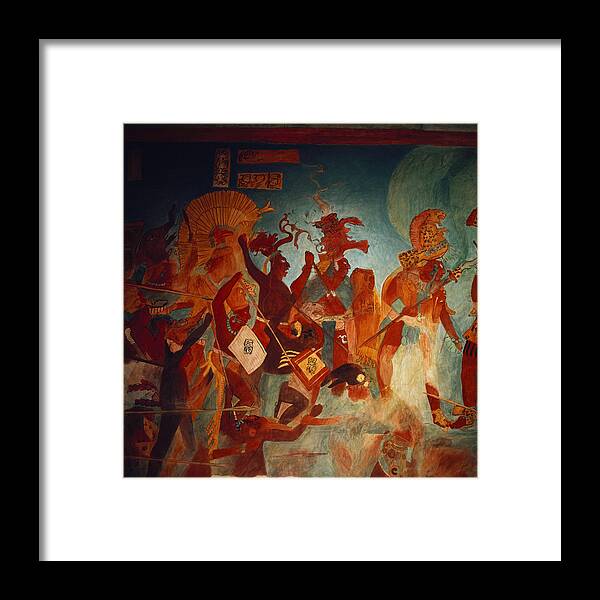 Ancient Framed Print featuring the painting Maya Fresco At Bonampak by George Holton
