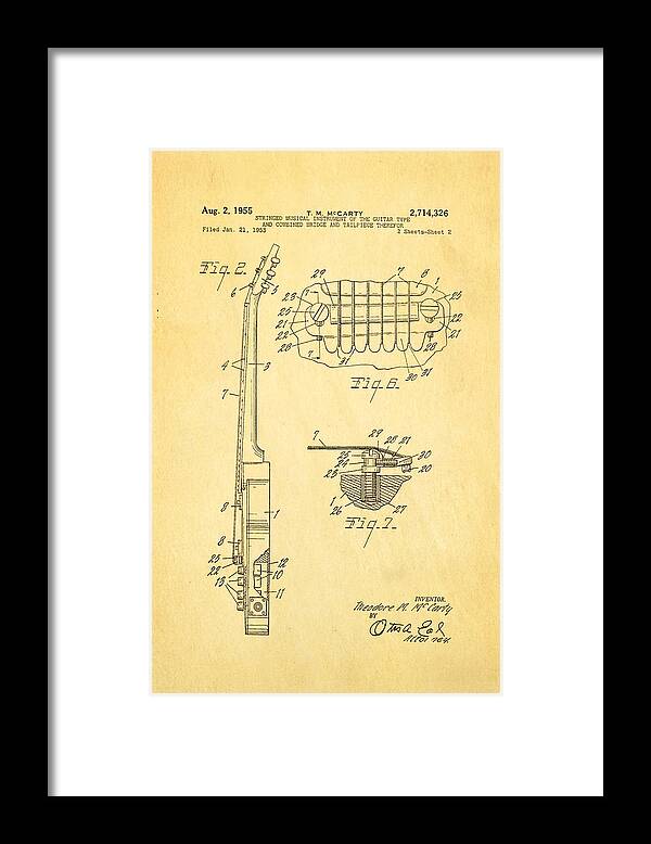 Famous Framed Print featuring the photograph McCarty Gibson Les Paul Guitar 2 Patent Art 1955 by Ian Monk