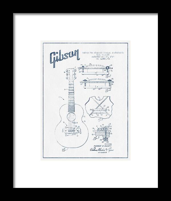Gibson Framed Print featuring the digital art Mccarty Gibson stringed instrument patent Drawing from 1969 - Bl by Aged Pixel