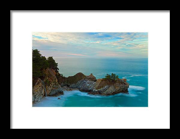 Coastline Framed Print featuring the photograph McWay Falls At Sunrise by Jonathan Nguyen