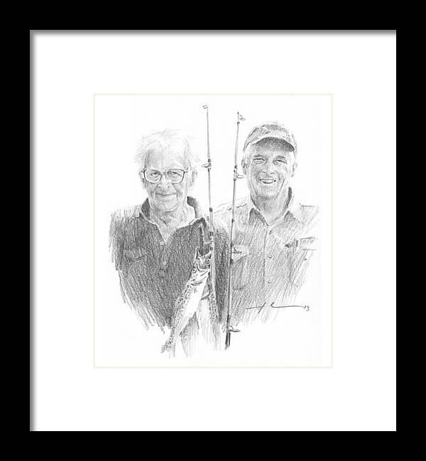 <a Href=http://miketheuer.com Target =_blank>www.miketheuer.com</a> Me And Dad Fishing Pencil Portrait Framed Print featuring the drawing Me And Dad Fishing Pencil Portrait by Mike Theuer