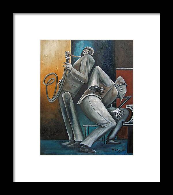 Jazz Thelonious Monk John Coltrane Saxophone Piano Framed Print featuring the painting Memorial 5 Spot by Martel Chapman