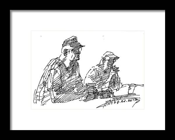 Men At Bar Framed Print featuring the drawing Men At The Bar by Ylli Haruni