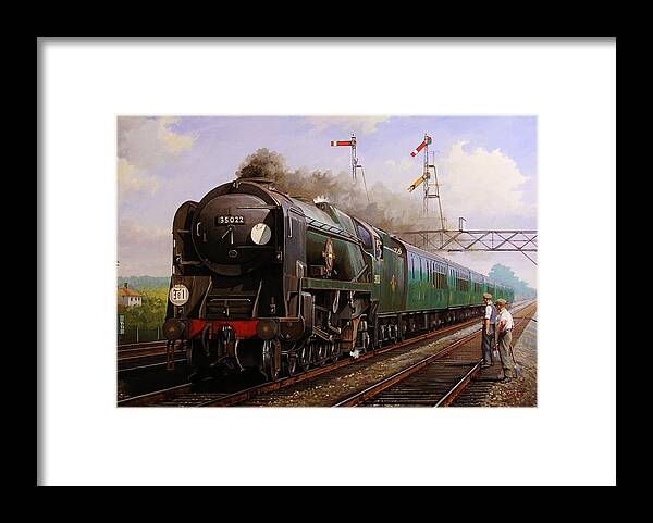 Steam Framed Print featuring the painting Merchant Navy pacific at Brookwood. by Mike Jeffries