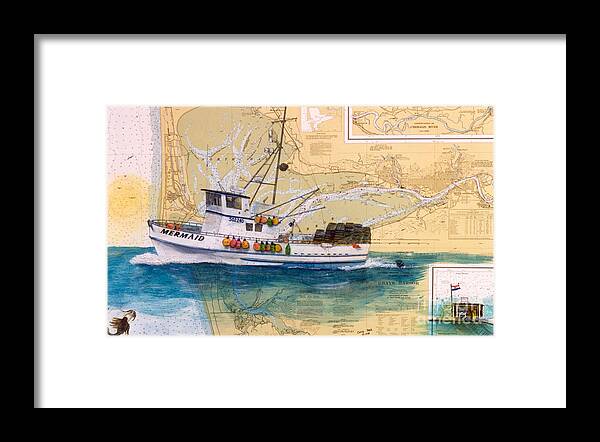 Mermaid Framed Print featuring the painting MERMAID Prawn Fishing Boat WA Cathy Peek Nautical Chart Map Art by Cathy Peek