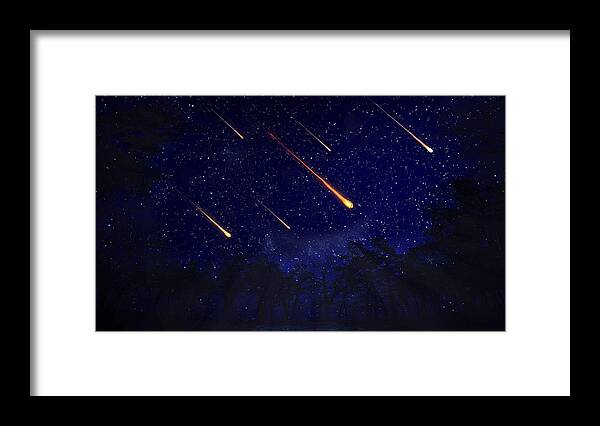 Astrophysics Framed Print featuring the drawing Meteor shower, artwork by Andrzej Wojcicki