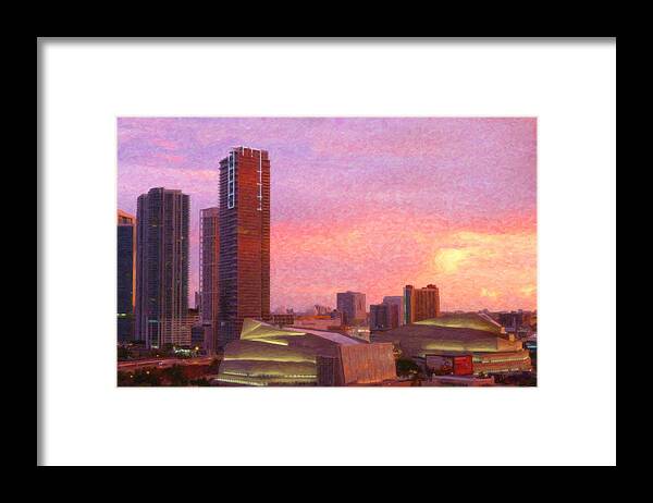 Miami; Fine Art; Florida; Twilight; Cityscape; City; Landscapes; Landscape; Dean; Dean Wittle; Wittle; Dusk; Framed Print featuring the painting Miami Skyline at Dusk by Dean Wittle