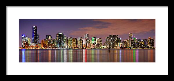 Miami Framed Print featuring the photograph Miami Skyline at Dusk Sunset Panorama by Jon Holiday