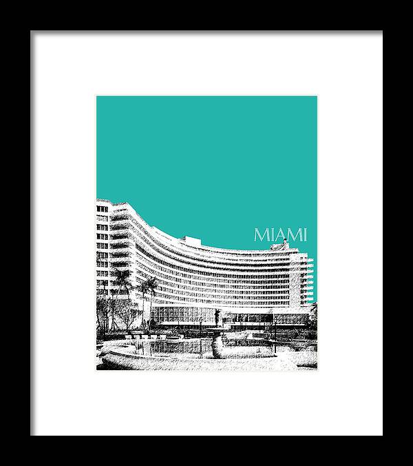 Architecture Framed Print featuring the digital art Miami Skyline Fontainebleau Hotel - Teal by DB Artist
