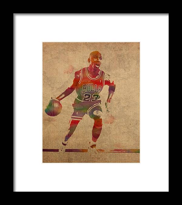 Michael Jordan Framed Print featuring the mixed media Michael Jordan Chicago Bulls Vintage Basketball Player Watercolor Portrait on Worn Distressed Canvas by Design Turnpike