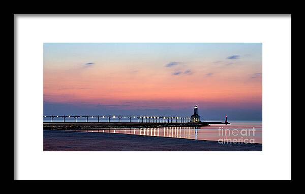 Michigan City Framed Print featuring the photograph Michigan City Lighthouse Magic Hour by Brett Maniscalco