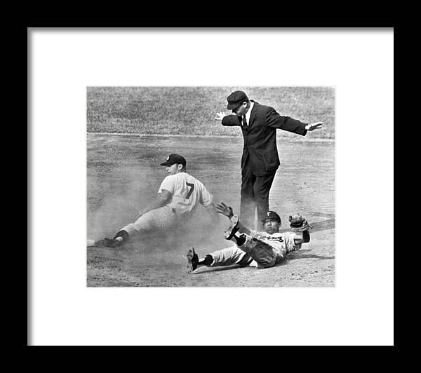 1961 Framed Print featuring the photograph Mickey Mantle Steals Second by Underwood Archives