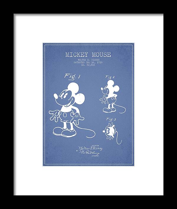 Mickey Mouse Framed Print featuring the digital art Mickey Mouse patent Drawing from 1930 - Light Blue by Aged Pixel