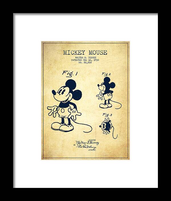 Mickey Mouse Framed Print featuring the digital art Mickey Mouse patent Drawing from 1930 - Vintage by Aged Pixel