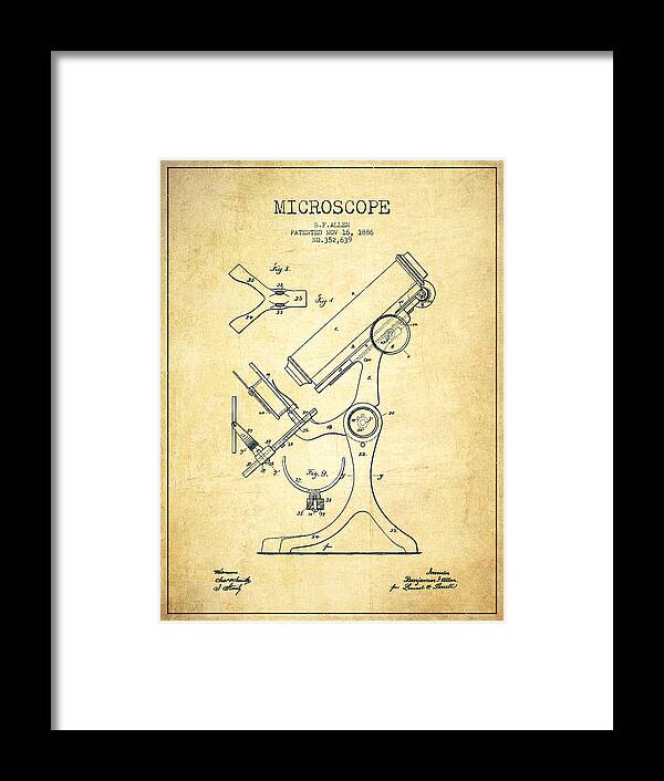 Microscope Framed Print featuring the digital art Microscope Patent Drawing From 1886 - Vintage by Aged Pixel