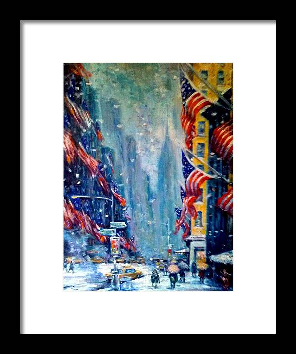Cityscape New York City Snowday Framed Print featuring the painting Midtown manhattan by Philip Corley