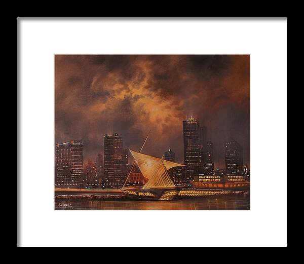 Lake Michigan Framed Print featuring the painting Milwaukee Art Museum and Skyline by Tom Shropshire