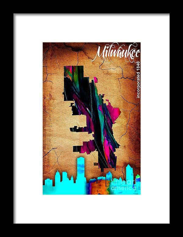Milwaukee Art Framed Print featuring the mixed media Milwaukee Map and Skyline Watercolor by Marvin Blaine