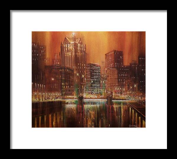 City At Night Framed Print featuring the painting Milwaukee River Downtown by Tom Shropshire