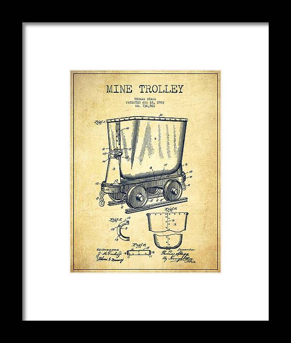 Mine Trolley Framed Print featuring the digital art Mine Trolley Patent Drawing From 1903 - Vintage by Aged Pixel