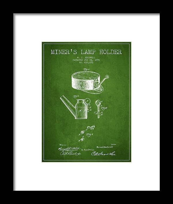 Mining Framed Print featuring the digital art Miners Lamp Holder Patent from 1890 - Green by Aged Pixel