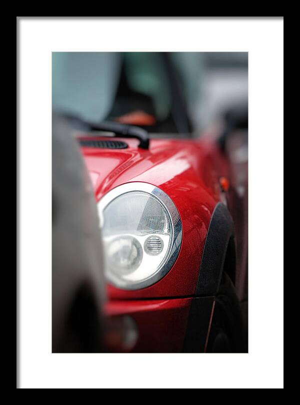 Mini Cooper Rouge Red Head Light Framed Print featuring the photograph Mini Cooper Rouge by Geoff Evans