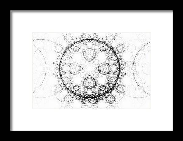 Minimalist Framed Print featuring the digital art Minimalist fractal art black and white circles by Matthias Hauser