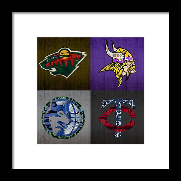 Minneapolis Framed Print featuring the mixed media Minneapolis Sports Fan Recycled Vintage Minnesota License Plate Art Wild Vikings Timberwolves Twins by Design Turnpike