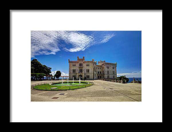 Miramare Framed Print featuring the photograph Miramare Castle with fountain by Ivan Slosar