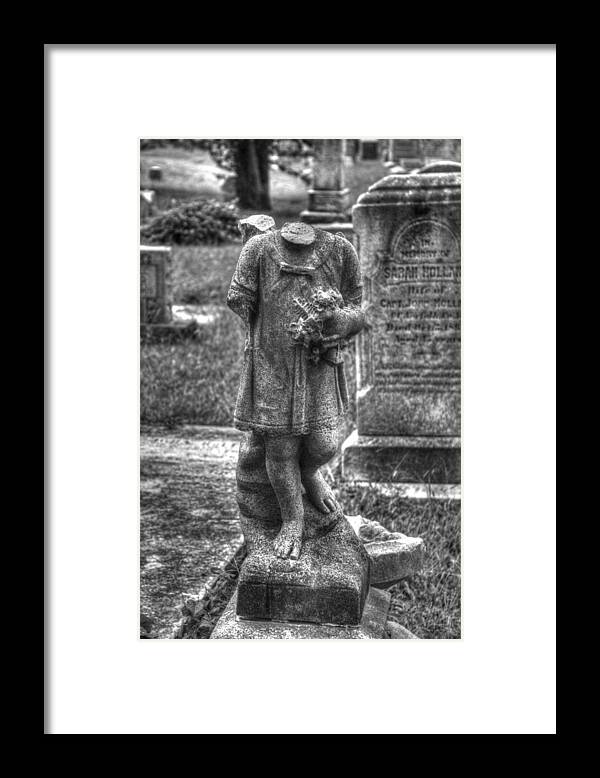 Elmwood Cemetery Framed Print featuring the photograph Missing pieces- Black and white by Shannon Louder