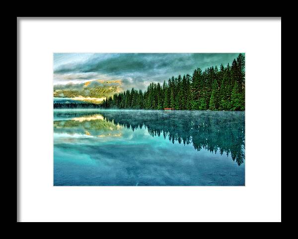 Mist And Moods Of Lake Beauvert - Gregory Mclemore Framed Print featuring the photograph Mist and moods of Lake Beauvert by Gregory McLemore 