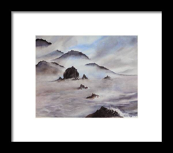 Mists Framed Print featuring the painting Mists of Haystack Rock by Pamela Shearer