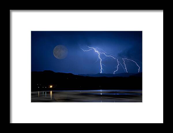 Landscape Framed Print featuring the photograph Misty Lake Full Moon Lightning Storm Fine art Photo by James BO Insogna