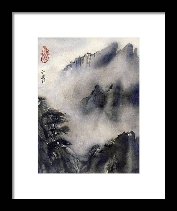 Misty Mountain In Blue Framed Print featuring the painting Misty Mountain In Blue by Alfred Ng