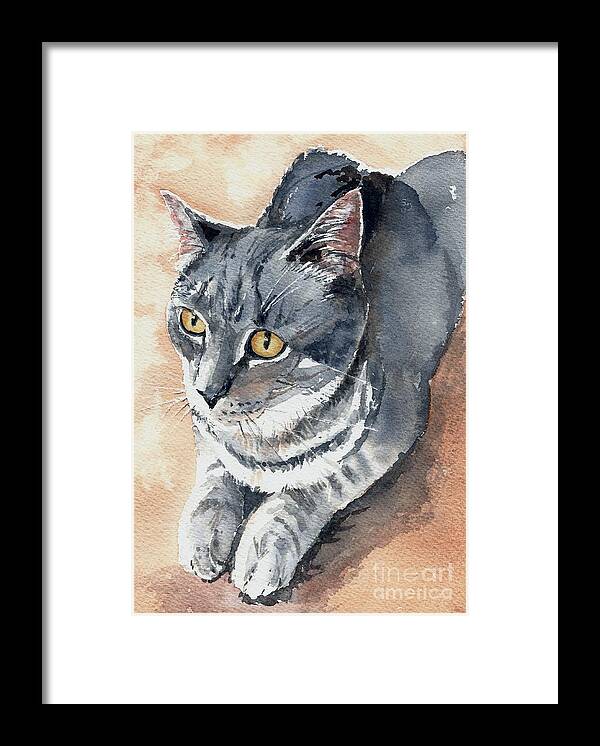 Watercolor Framed Print featuring the painting Misty Taking Over My Desk by Lynn Babineau