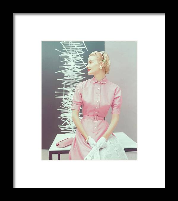 One Person Framed Print featuring the photograph Model In A Pink Silk Shantung Dress by Clifford Coffin; Frances McLaughlin-Gill