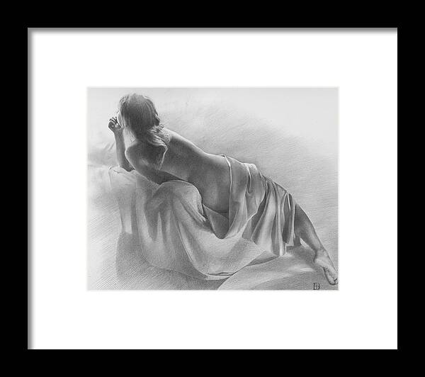  Framed Print featuring the drawing Model in Drapery 2003 by Denis Chernov