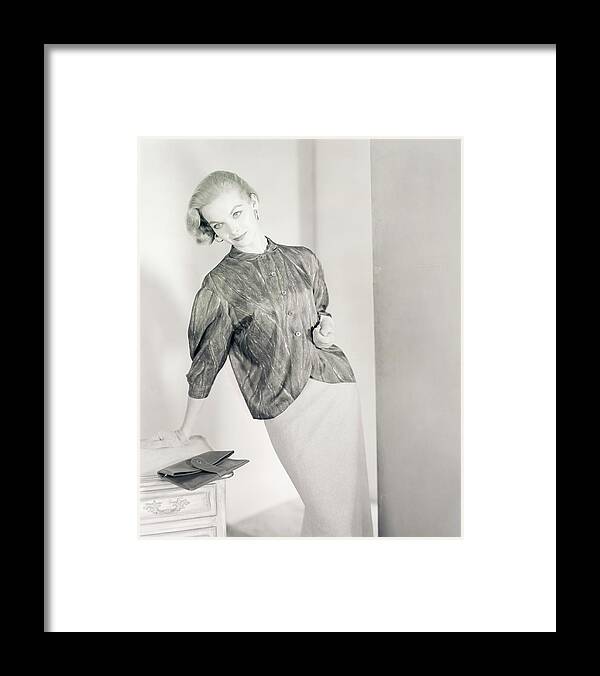 Indoors Framed Print featuring the photograph Model Wearing A Tudor Square Jacket And Skirt by Horst P. Horst