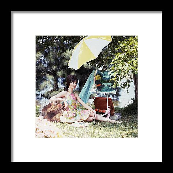 Outdoors Framed Print featuring the photograph Model Wearing Floral Dress By Easel by Horst P. Horst