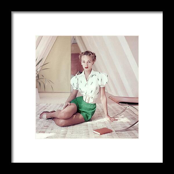 Fashion Framed Print featuring the photograph Model Wearing Green Shorts And An Embroidered by Frances McLaughlin-Gill