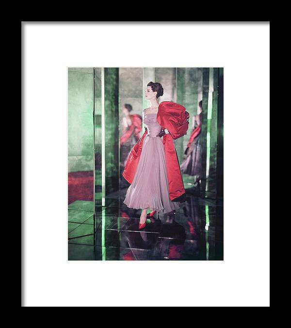 Indoors Framed Print featuring the photograph Model Wearing Purple Dress With Red Stole by Horst P. Horst