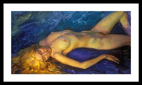 Nudes Framed Print featuring the painting Model with golden hair by Serguei Zlenko