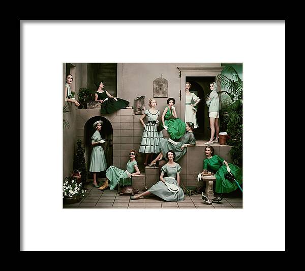 Accessories Framed Print featuring the photograph Models In Various Green Dresses by Frances Mclaughlin-Gill