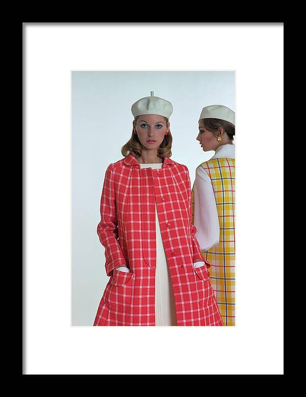 Fashion Framed Print featuring the photograph Models Wearing Checked Ungaro Parallele Coats by William Connors